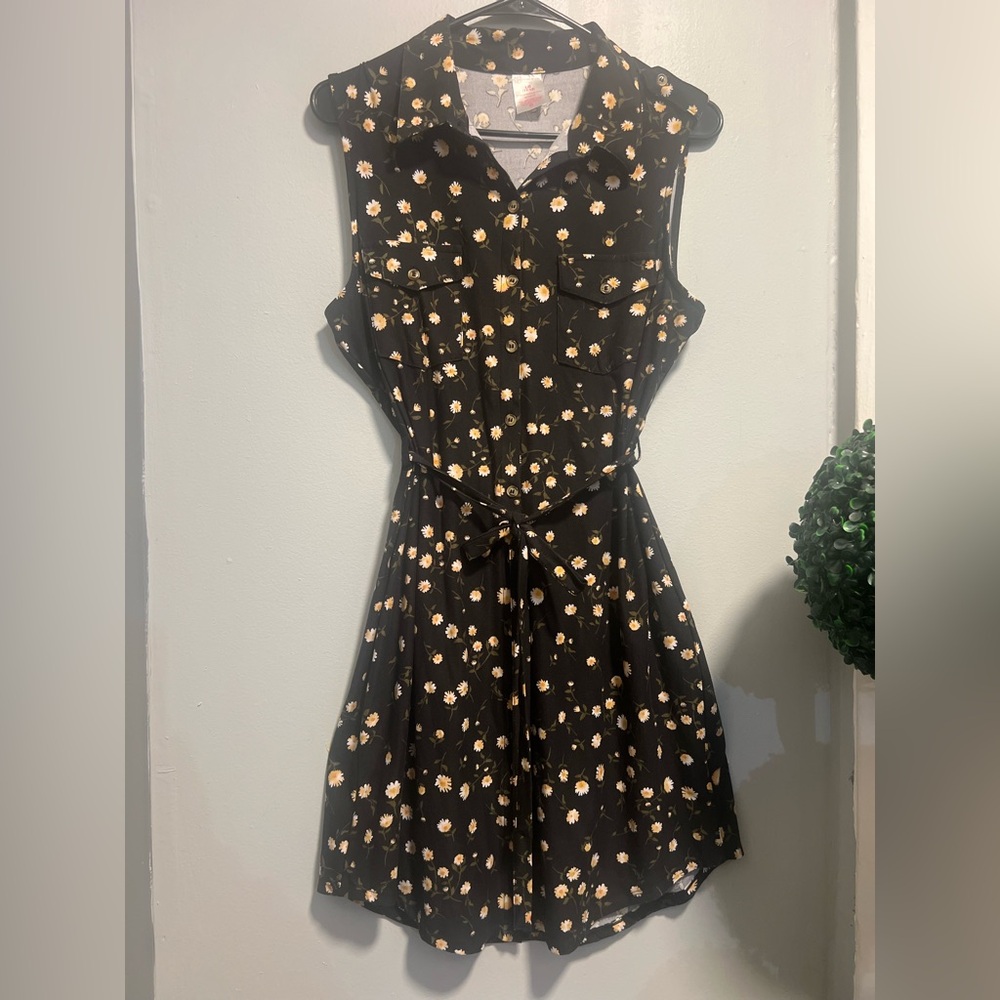 No Boundaries Black Sleeveless Asymmetrical Dress with Yellow Floral Print